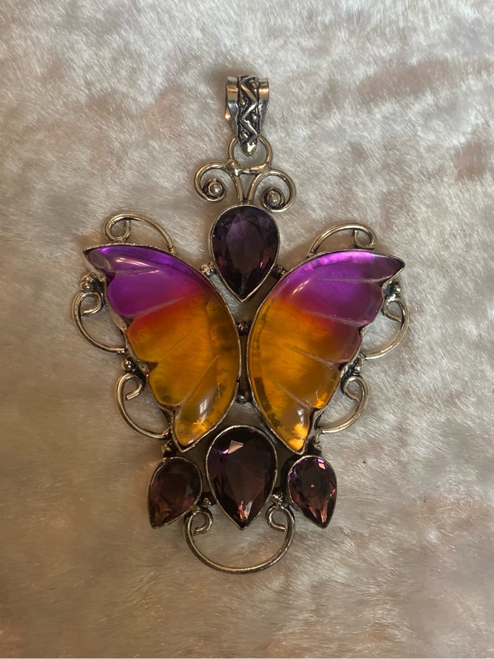 🍀925 Large Purple & Amber Butterfly Pendant